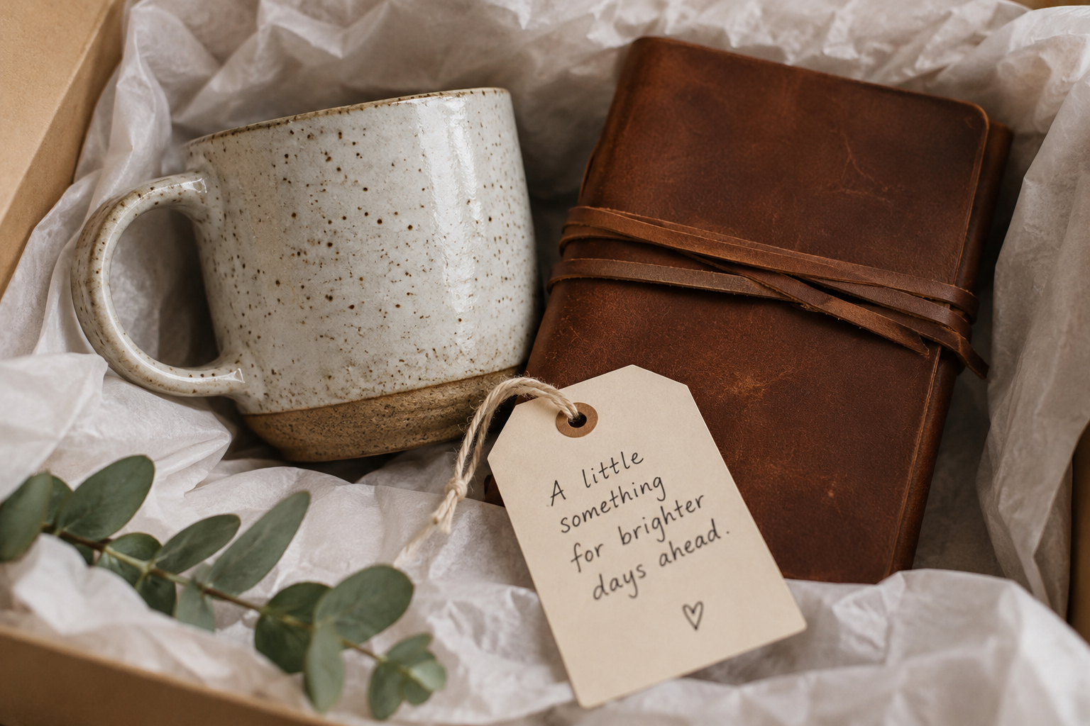 Close-up of a stoneware mug and leather notebook wrapped in tissue with a handwritten gift tag.