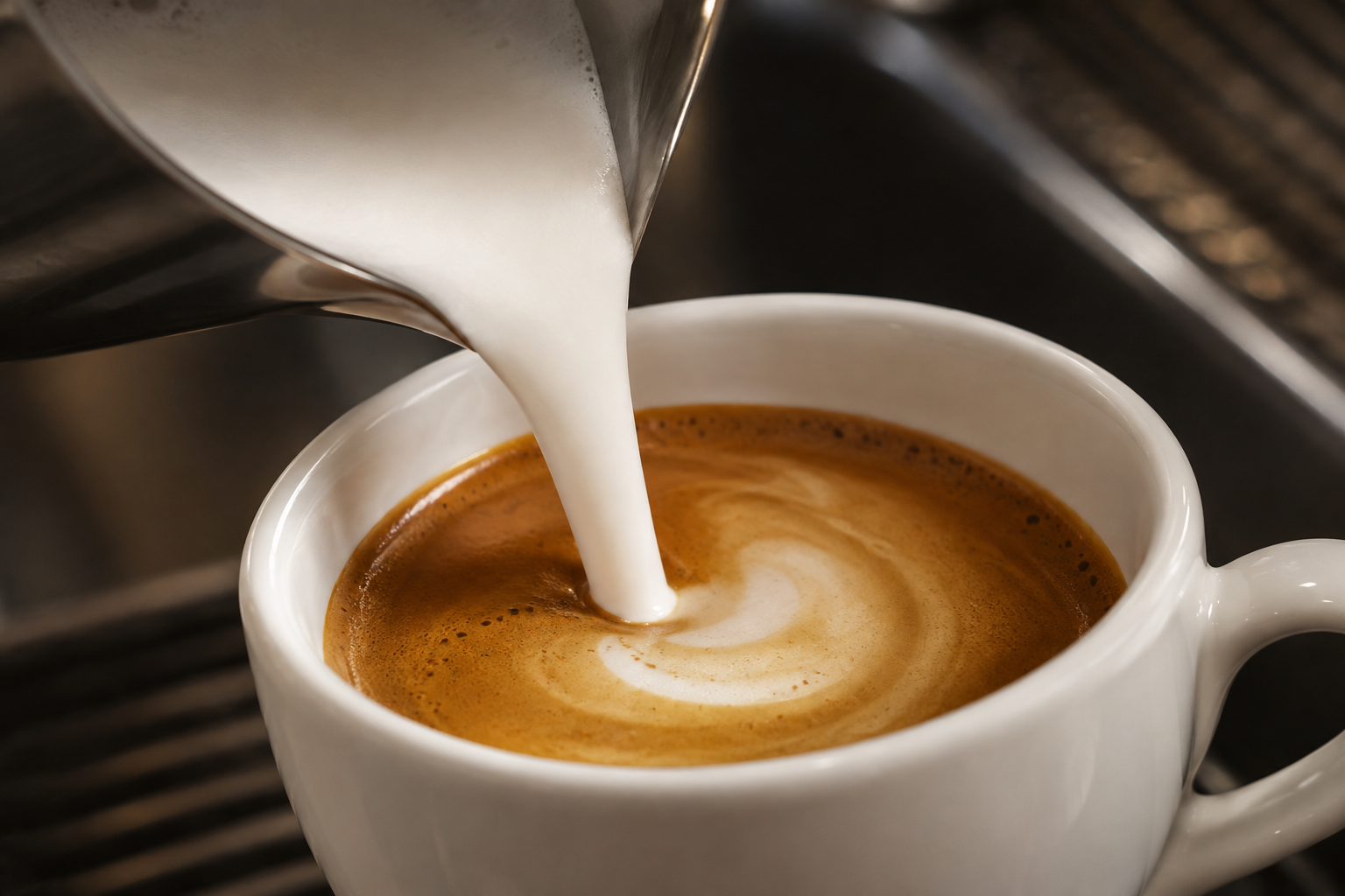 Close-up van de zijkant: melk stroomt uit een kannetje in espresso, met glanzend microschuim en stabiele crema.