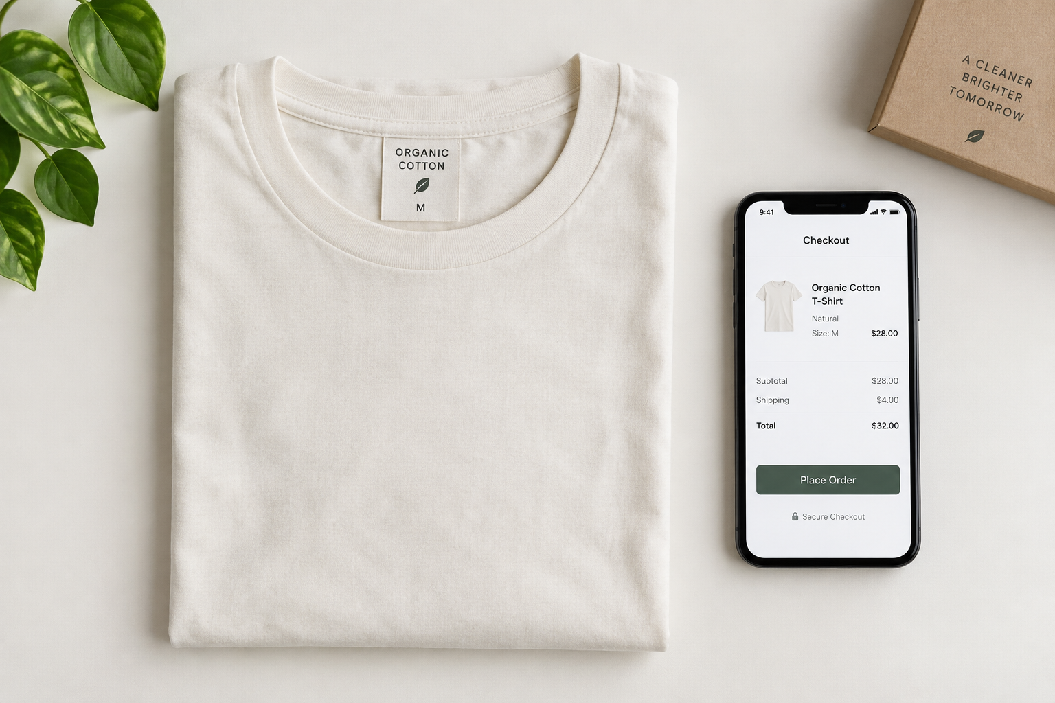 Bovenaanzicht van het T-shirt van biologisch katoen op een egale achtergrond, naast een telefoon met een afrekenpagina.