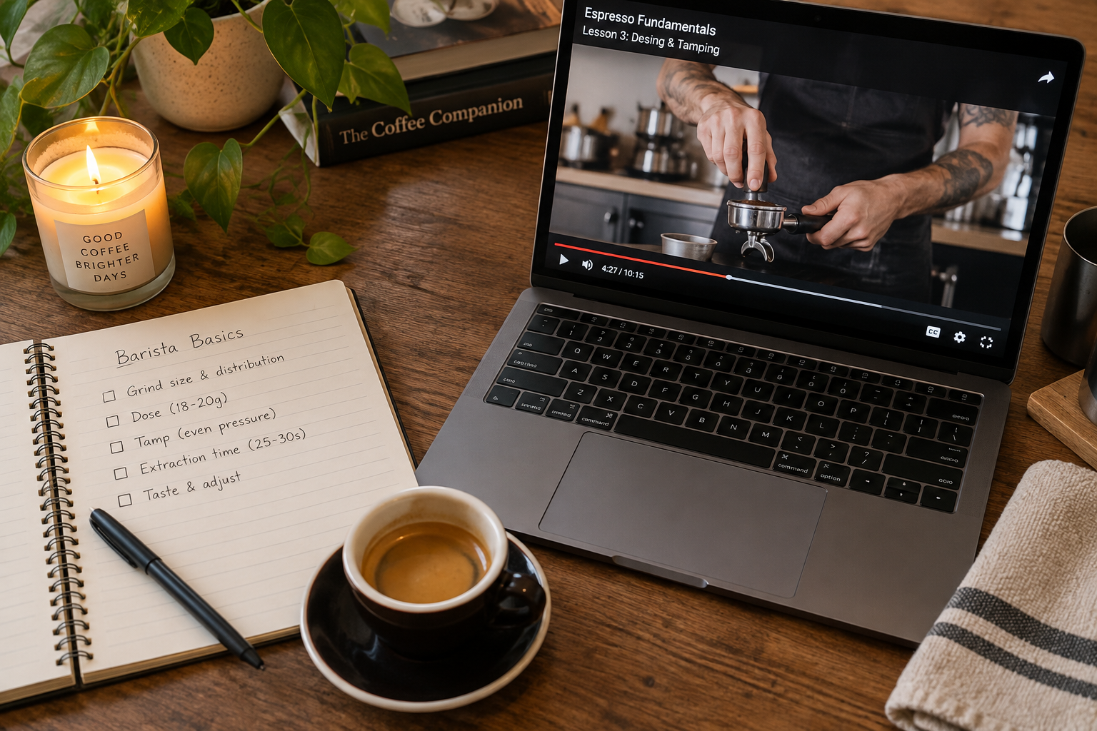 Overhead scene of a notebook, candle, and laptop showing a paused barista video lesson next to a freshly pulled espresso.