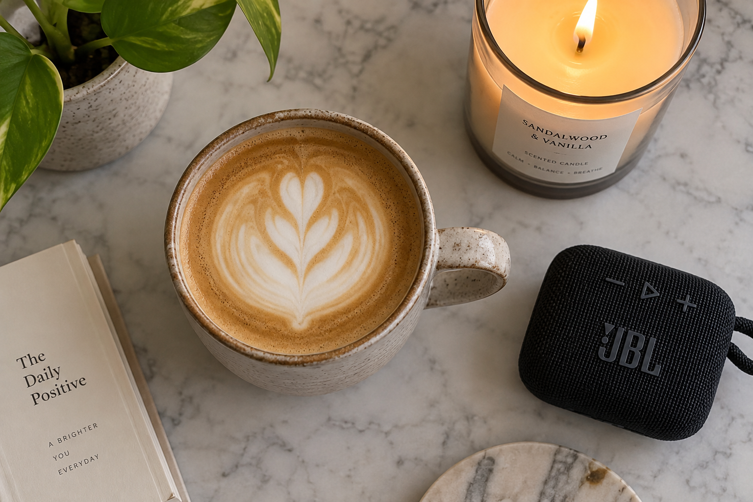 Bovenaanzicht van een flat white in een stenen mok naast een brandende geurkaars en een kleine Bluetooth-speaker.