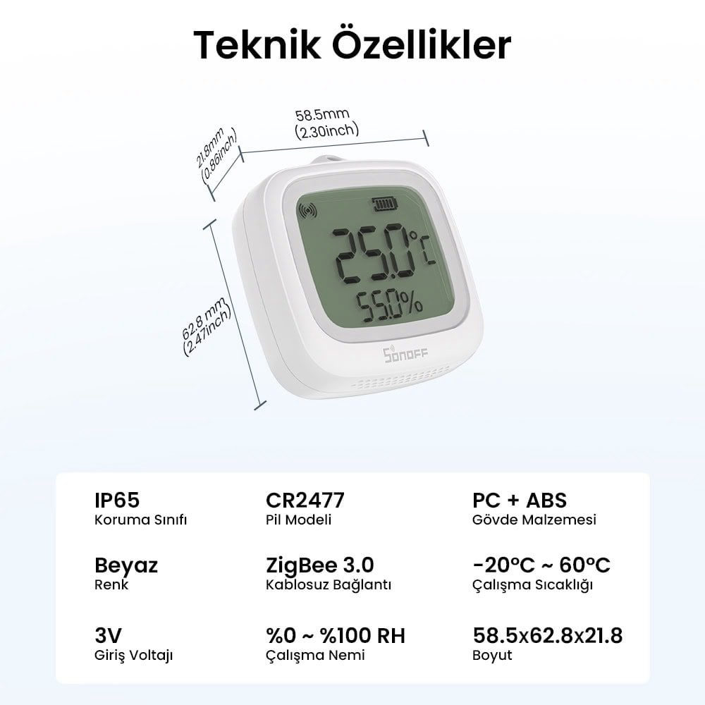SONOFF SNZB-02WD ZigBee IP65 LCD Ekranlı Akıllı Sıcaklık ve Nem Sensörü