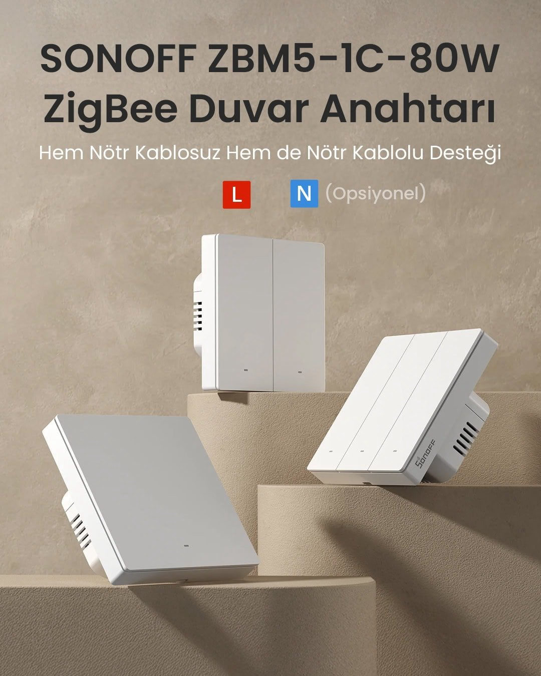 ZBM5-1C-80W ZigBee Akıllı Duvar Anahtarı Nötr ve Nötrsüz Uyumlu