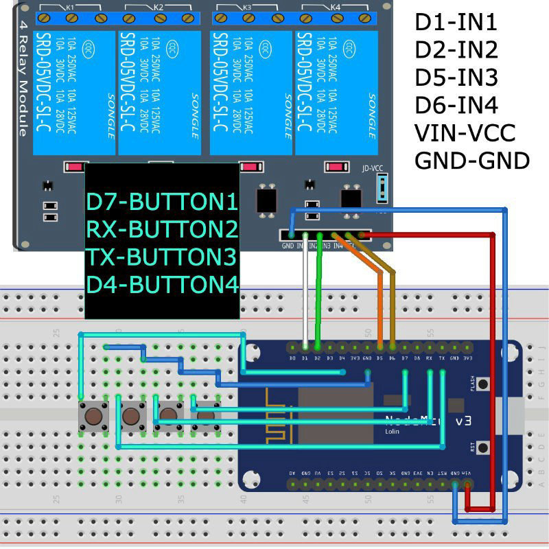 Wiring a NodeMCU base board to a 4-channel relay module